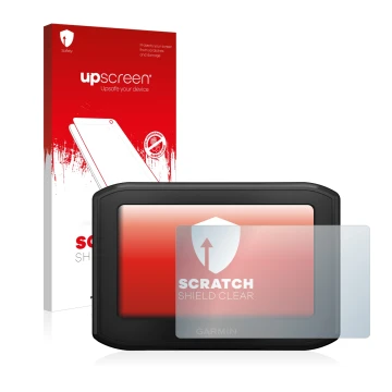 Vorderseite einer Produktverpackung mit dem Markenlogo upscreen. Daneben ist das Gerät Garmin zumo 396 LMT-S mit dem zugehörig