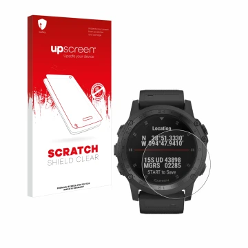 Vorderseite einer Produktverpackung mit dem Markenlogo upscreen. Daneben ist das Gerät Garmin Tactix Charlie mit dem zugehörig