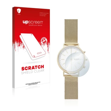 Vorderseite einer Produktverpackung mit dem Markenlogo upscreen. Daneben ist das Gerät Skagen Hybrid Smartwatch Mini Hald (34 