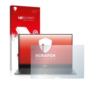 Vorderseite einer Produktverpackung mit dem Markenlogo upscreen. Daneben ist das Gerät Dell XPS 13 9370 mit dem zugehörigen Di