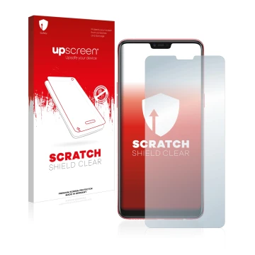 Vorderseite einer Produktverpackung mit dem Markenlogo upscreen. Daneben ist das Gerät Oppo F7 mit dem zugehörigen Displayschu