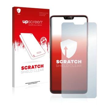 Vorderseite einer Produktverpackung mit dem Markenlogo upscreen. Daneben ist das Gerät Oppo R15 Pro mit dem zugehörigen Displa