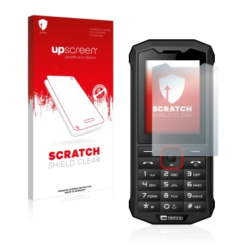 Vorderseite einer Produktverpackung mit dem Markenlogo upscreen. Daneben ist das Gerät Crosscall Spider X4 mit dem zugehörigen