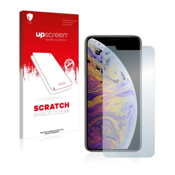 Vorderseite einer Produktverpackung mit dem Markenlogo upscreen. Daneben ist das Gerät Apple iPhone Xs Max mit dem zugehörigen