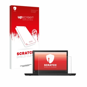 Vorderseite einer Produktverpackung mit dem Markenlogo upscreen. Daneben ist das Gerät Lenovo ThinkPad T480 mit dem zugehörige