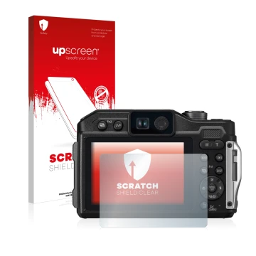 Vorderseite einer Produktverpackung mit dem Markenlogo upscreen. Daneben ist das Gerät Panasonic Lumix DC-FT7 mit dem zugehöri