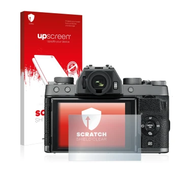 Vorderseite einer Produktverpackung mit dem Markenlogo upscreen. Daneben ist das Gerät Fujifilm X-T100 mit dem zugehörigen Dis