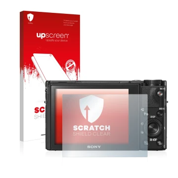 Vorderseite einer Produktverpackung mit dem Markenlogo upscreen. Daneben ist das Gerät Sony Cyber-Shot DSC-RX100 VI mit dem zu
