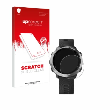 Vorderseite einer Produktverpackung mit dem Markenlogo upscreen. Daneben ist das Gerät Garmin Forerunner 645 Music mit dem zug