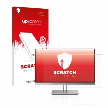 Vorderseite einer Produktverpackung mit dem Markenlogo upscreen. Daneben ist das Gerät HP EliteDisplay E233 mit dem zugehörige