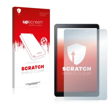 Vorderseite einer Produktverpackung mit dem Markenlogo upscreen. Daneben ist das Gerät Samsung Galaxy Tab A 10.5 2018 LTE mit 