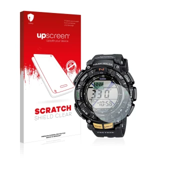 Vorderseite einer Produktverpackung mit dem Markenlogo upscreen. Daneben ist das Gerät Casio Pro Trek PRG-240-1ER mit dem zuge