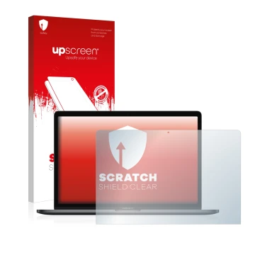 Vorderseite einer Produktverpackung mit dem Markenlogo upscreen. Daneben ist das Gerät Apple MacBook Pro 15