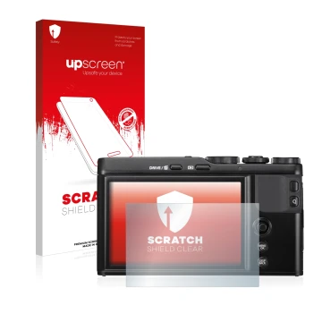 Vorderseite einer Produktverpackung mit dem Markenlogo upscreen. Daneben ist das Gerät Fujifilm XF10 mit dem zugehörigen Displ