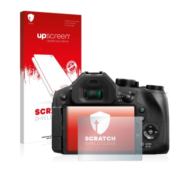 Vorderseite einer Produktverpackung mit dem Markenlogo upscreen. Daneben ist das Gerät Panasonic Lumix DMC-FZ330 mit dem zugeh