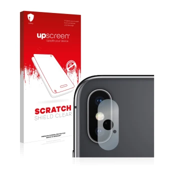 Vorderseite einer Produktverpackung mit dem Markenlogo upscreen. Daneben ist das Gerät Apple iPhone Xs (NUR Kameraschutz) mit 
