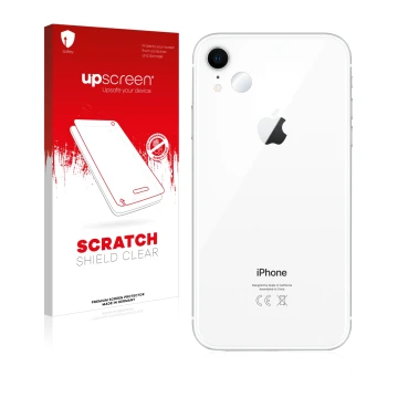 Vorderseite einer Produktverpackung mit dem Markenlogo upscreen. Daneben ist das Gerät Apple iPhone XR (NUR Kameraschutz) mit 