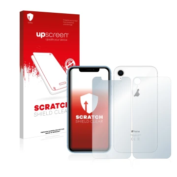 Vorderseite einer Produktverpackung mit dem Markenlogo upscreen. Daneben ist das Gerät Apple iPhone XR (Display+Rückseite) mit