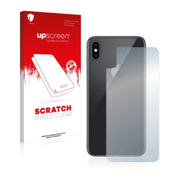Vorderseite einer Produktverpackung mit dem Markenlogo upscreen. Daneben ist das Gerät Apple iPhone Xs Max (Rückseite) mit dem