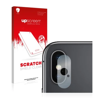 Vorderseite einer Produktverpackung mit dem Markenlogo upscreen. Daneben ist das Gerät Apple iPhone Xs Max (NUR Kameraschutz) 