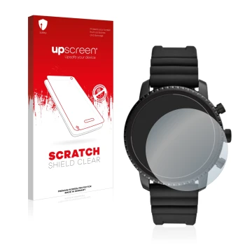 Vorderseite einer Produktverpackung mit dem Markenlogo upscreen. Daneben ist das Gerät Fossil Q Explorist HR (4.Gen) mit dem z