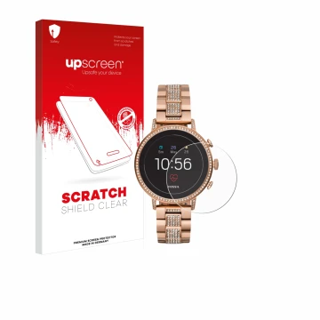 Vorderseite einer Produktverpackung mit dem Markenlogo upscreen. Daneben ist das Gerät Fossil Q Venture HR (4.Gen) mit dem zug