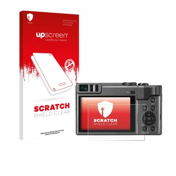 Vorderseite einer Produktverpackung mit dem Markenlogo upscreen. Daneben ist das Gerät Panasonic Lumix DC-TZ90 mit dem zugehör