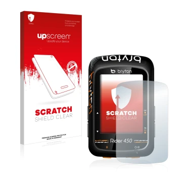 Vorderseite einer Produktverpackung mit dem Markenlogo upscreen. Daneben ist das Gerät Bryton Rider 450 mit dem zugehörigen Di