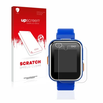 Vorderseite einer Produktverpackung mit dem Markenlogo upscreen. Daneben ist das Gerät Vtech Kidizoom Smart Watch DX2 mit dem 