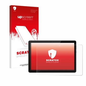 Vorderseite einer Produktverpackung mit dem Markenlogo upscreen. Daneben ist das Gerät Huawei MediaPad T5 10 mit dem zugehörig
