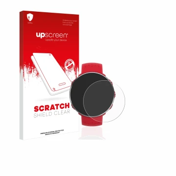 Vorderseite einer Produktverpackung mit dem Markenlogo upscreen. Daneben ist das Gerät Polar Vantage M mit dem zugehörigen Dis