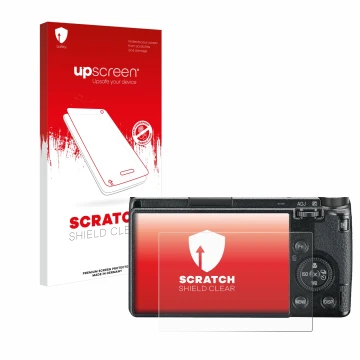 Vorderseite einer Produktverpackung mit dem Markenlogo upscreen. Daneben ist das Gerät Ricoh GR III 2019 R02010 mit dem zugehö