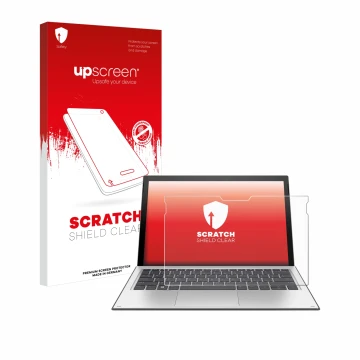 Vorderseite einer Produktverpackung mit dem Markenlogo upscreen. Daneben ist das Gerät HP Elite x2 1013 G3 mit dem zugehörigen