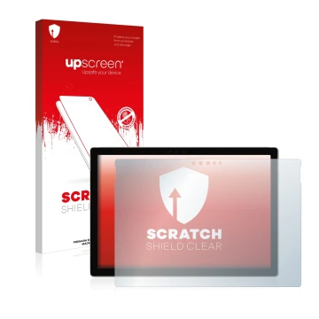 Vorderseite einer Produktverpackung mit dem Markenlogo upscreen. Daneben ist das Gerät Microsoft Surface Pro 6 mit dem zugehör