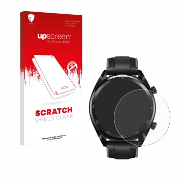Vorderseite einer Produktverpackung mit dem Markenlogo upscreen. Daneben ist das Gerät Huawei Watch GT (46 mm) 2018 mit dem zu