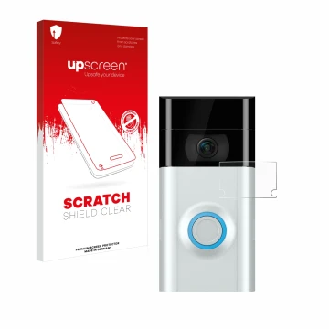 Vorderseite einer Produktverpackung mit dem Markenlogo upscreen. Daneben ist das Gerät Ring Doorbell 2 (Linse) mit dem zugehör