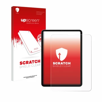 Vorderseite einer Produktverpackung mit dem Markenlogo upscreen. Daneben ist das Gerät Apple iPad Pro 11