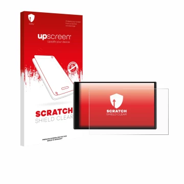 Vorderseite einer Produktverpackung mit dem Markenlogo upscreen. Daneben ist das Gerät Garmin DriveTrack 71 mit dem zugehörige