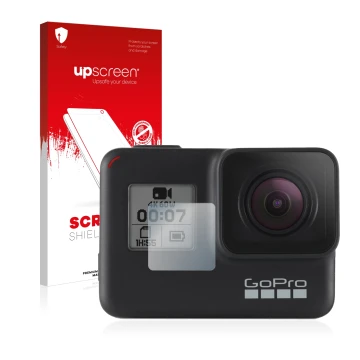 Vorderseite einer Produktverpackung mit dem Markenlogo upscreen. Daneben ist das Gerät GoPro Hero 7 Black (Vorderes Display) m