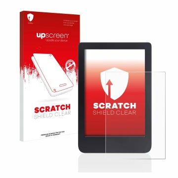 Vorderseite einer Produktverpackung mit dem Markenlogo upscreen. Daneben ist das Gerät Tolino Shine 3 mit dem zugehörigen Disp