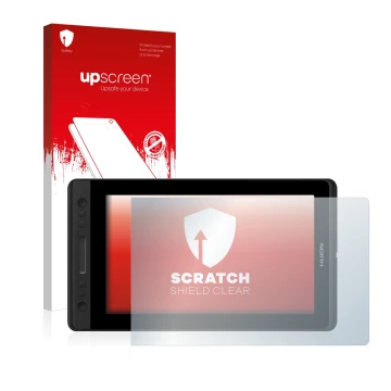 Vorderseite einer Produktverpackung mit dem Markenlogo upscreen. Daneben ist das Gerät Huion Kamvas Pro 13 mit dem zugehörigen