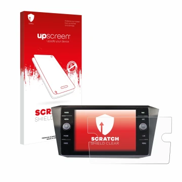 Vorderseite einer Produktverpackung mit dem Markenlogo upscreen. Daneben ist das Gerät Volkswagen Tiguan Discover Media 8