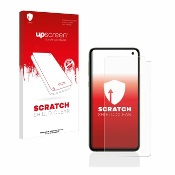Vorderseite einer Produktverpackung mit dem Markenlogo upscreen. Daneben ist das Gerät Samsung Galaxy S10e mit dem zugehörigen