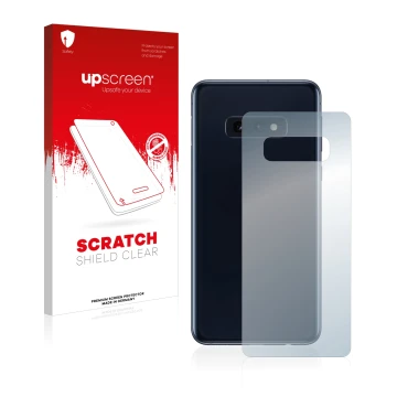 Vorderseite einer Produktverpackung mit dem Markenlogo upscreen. Daneben ist das Gerät Samsung Galaxy S10e (Rückseite) mit dem