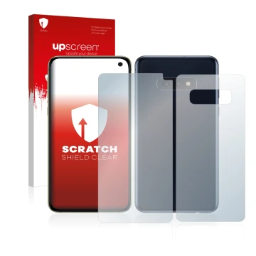 Vorderseite einer Produktverpackung mit dem Markenlogo upscreen. Daneben ist das Gerät Samsung Galaxy S10e (Display+Rückseite)
