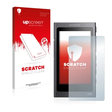 Vorderseite einer Produktverpackung mit dem Markenlogo upscreen. Daneben ist das Gerät Sony Walkman A40 mit dem zugehörigen Di