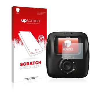 Vorderseite einer Produktverpackung mit dem Markenlogo upscreen. Daneben ist das Gerät Fujifilm Instax Square SQ20 mit dem zug