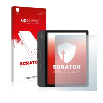 Vorderseite einer Produktverpackung mit dem Markenlogo upscreen. Daneben ist das Gerät Kobo Forma mit dem zugehörigen Displays