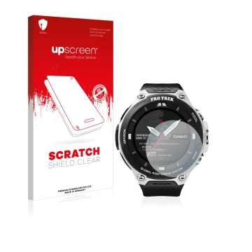 Vorderseite einer Produktverpackung mit dem Markenlogo upscreen. Daneben ist das Gerät Casio Pro Trek Smart WSD-F20 mit dem zu