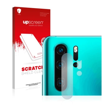 Vorderseite einer Produktverpackung mit dem Markenlogo upscreen. Daneben ist das Gerät Huawei P30 Pro (NUR Kameraschutz) mit d